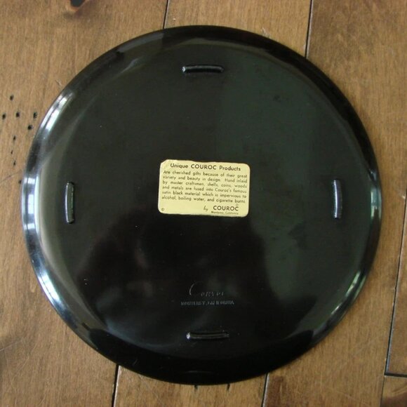 Vintage Couroc 10.5" Owl Black Round Serving Tray Plate Brass Wood Inlay MCM - Picture 7 of 8